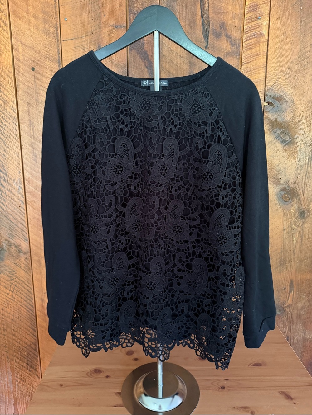 Adrianna Papell Black Lace Front Long Sleeve Top Goth Chic XXL